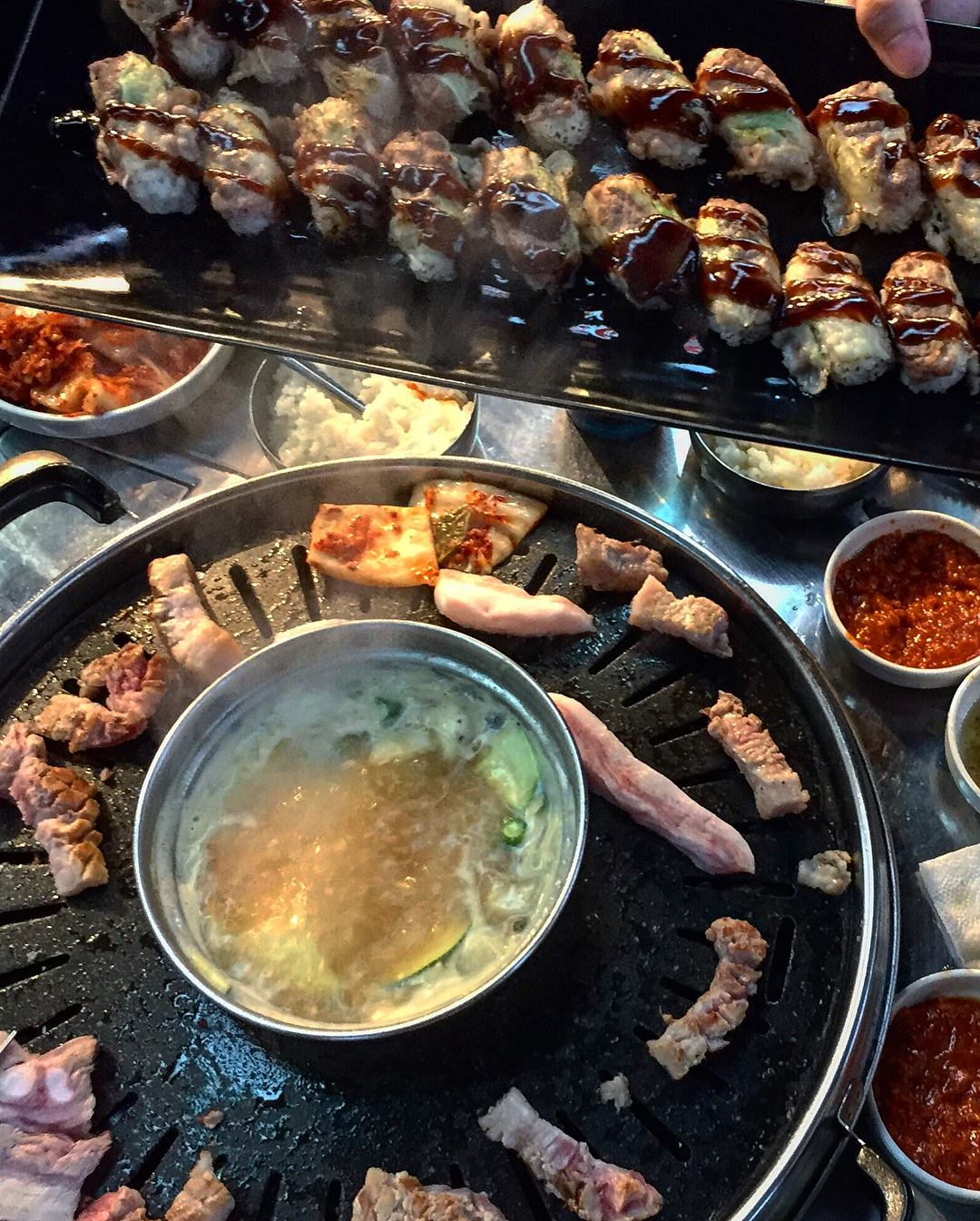 beef sushi roll, samgyupsal, hangjeongsal, galbi - korean place 1