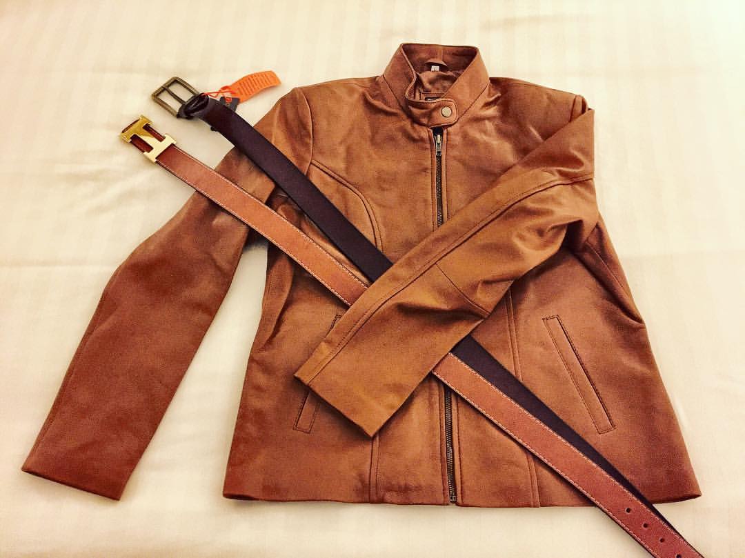 Sheep leather jacket and cow leather belts