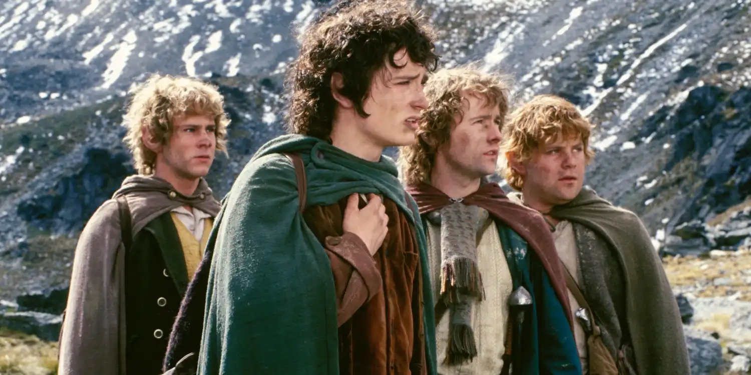 Frodo, Sam, Pippin and Merry, played by actors Elijah Wood, Sean Astin, Billy Boyd and Dominic Monaghan stand in a row, looking intently at something 